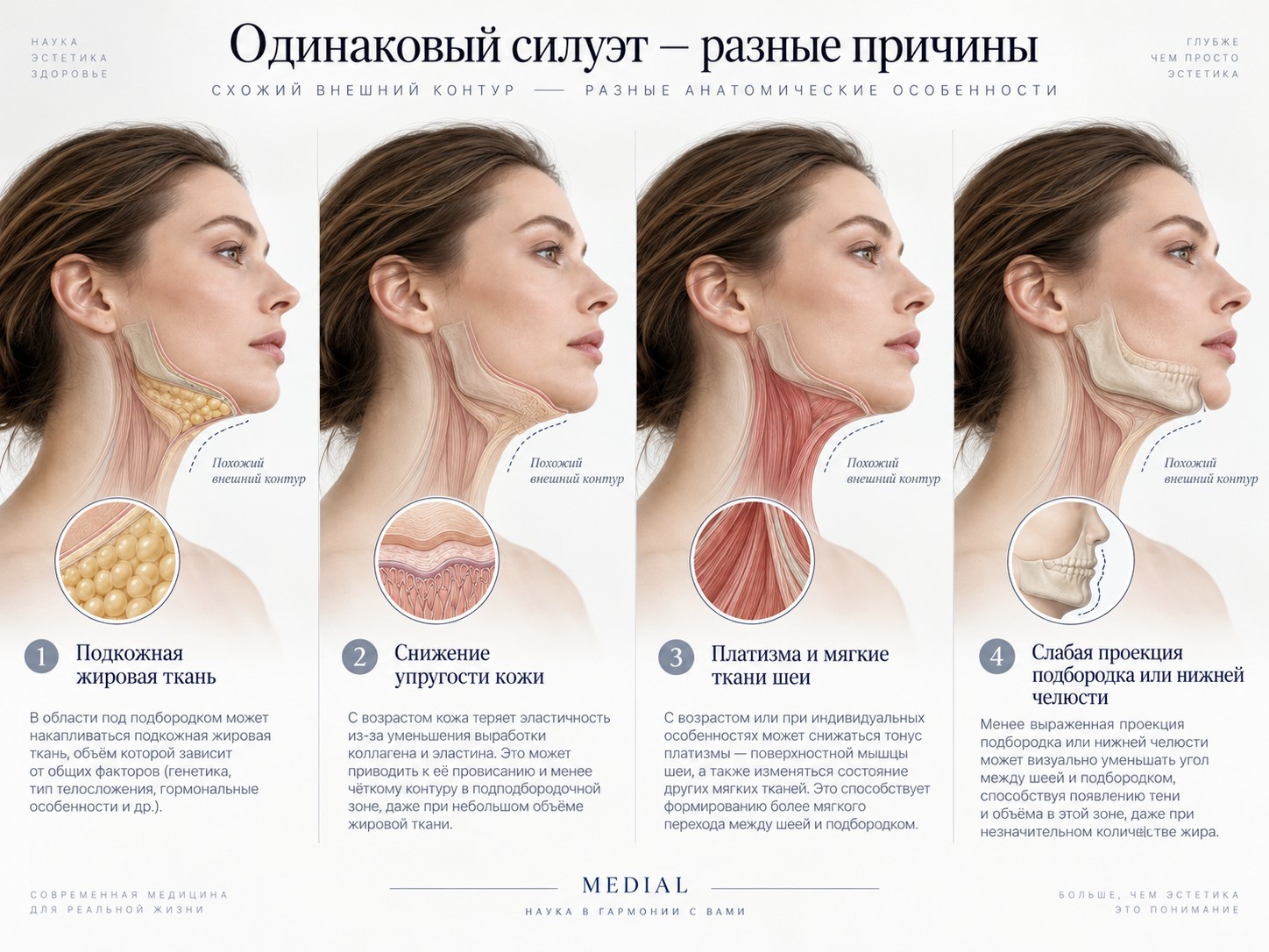Разные возможные компоненты похожего внешнего силуэта подбородка. Условная ИИ-схема.