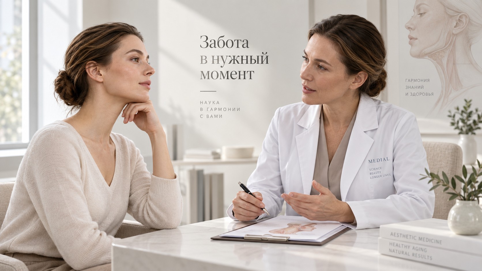 Консультация по поводу изменений контура подбородка. Вымышленные персонажи, ИИ-иллюстрация.