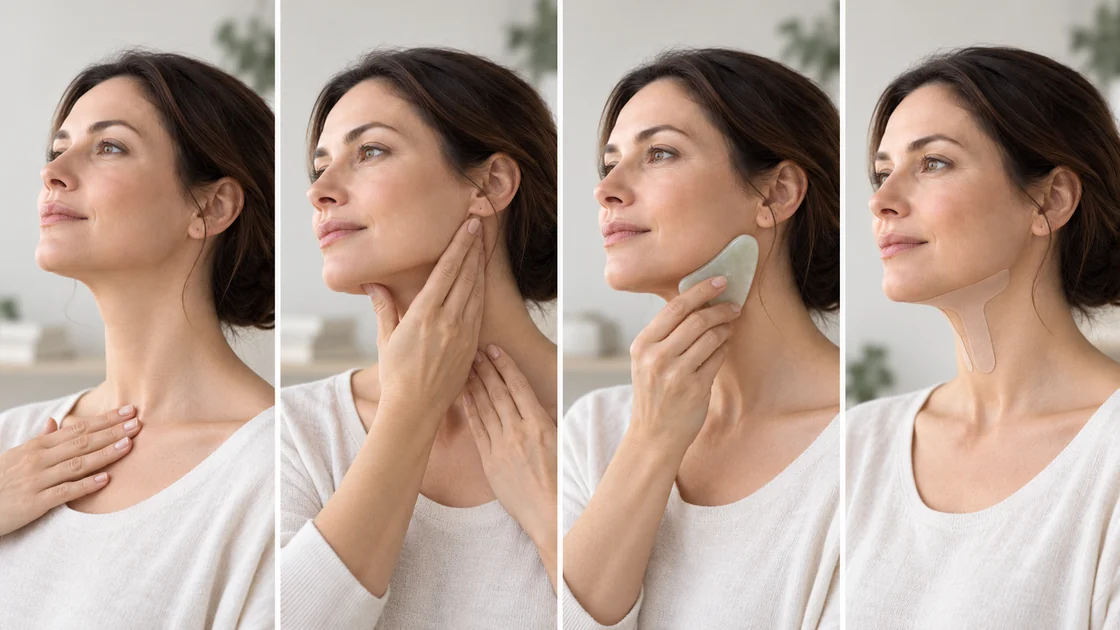 Четыре изображения: движение головы, прикосновение руками, скребок гуаша и тейп на шее. ИИ-иллюстрация.